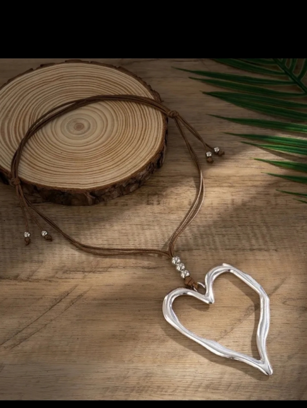 Silver Heart Pendant Necklace with Brown Cord - Picture 2 of 4